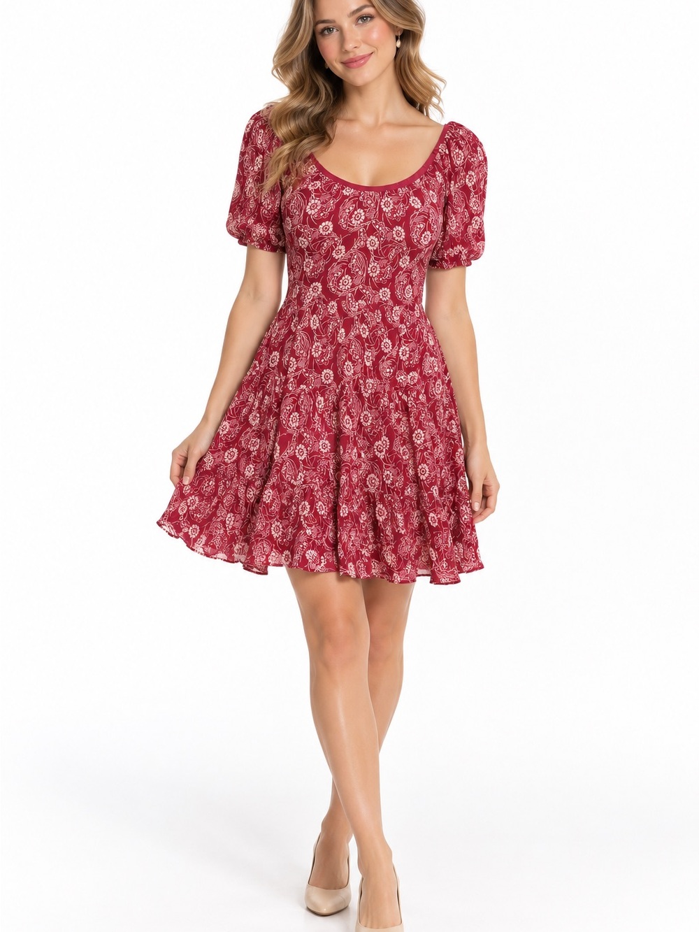 Rebecca Taylor Crimson Floral Scoop-Neck Mini Dress